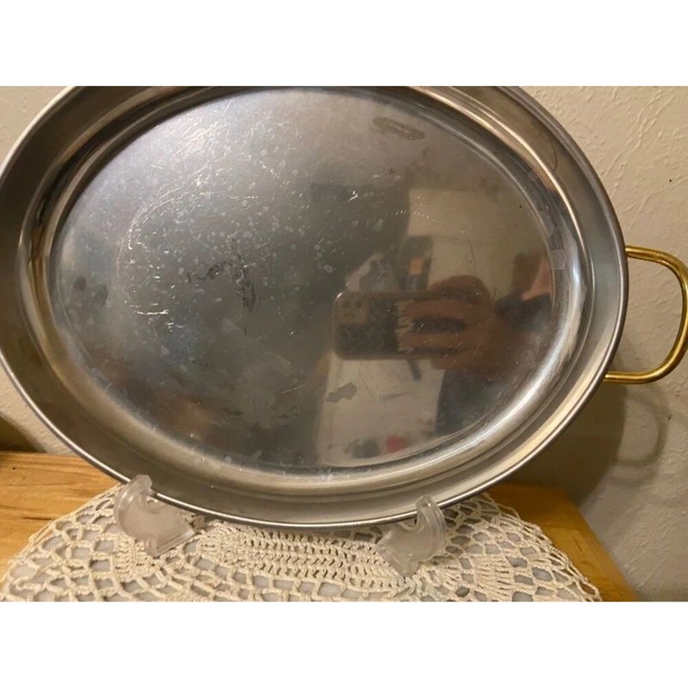 Vintage Mid-Century Chrome Oval Serving Tray with Gold-Tone Handles